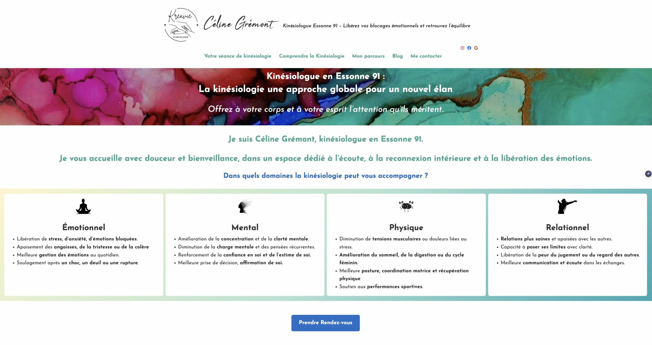 Site vitrine WordPress réalisé en formation individuelle avec Digitalneed. Voir le site Kreavie - Kinésiologie en Essonne : kreavie-kinesiologie.com