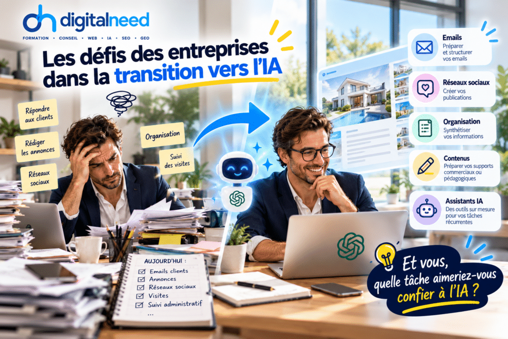 Les défis des entreprises dans la transition vers l'Intelligence artificielle Formation transition à l'intelligence artificielle à Nîmes (30) dans le Gard (30) et l'Hérault (34) Essonne (91)Digitalneed Organisme de formation spécialisée dans le digitale. Organisme Qualiopi.