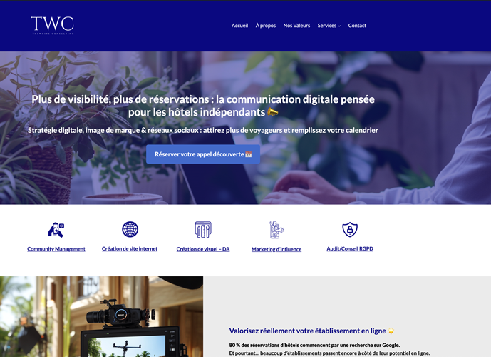 Site vitrine WordPress réalisé en formation individuelle avec Digitalneed. Voir le site The White Consulting - Réservation pour les Hôtels indépandants : thewhiteconsulting.fr